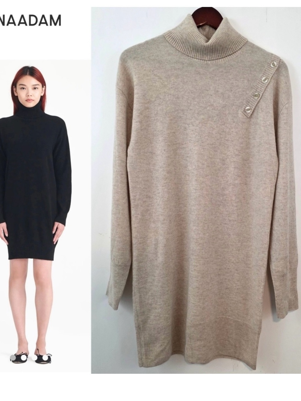 NAADAM Signature Cashmere Turtleneck Sweater Dress Beige Button Sleeve Med Wool
